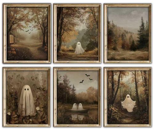 Vintage Ghost Wall Art Prints – Set of 6 Rustic Autumn Halloween Posters, Creepy Cute Ghost Pictures, Vintage Fall Aesthet...