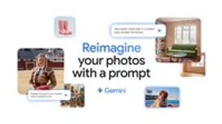 Text saying 'Reimagine your photos with a prompt' surrounded by a collage of AI-generated images, including a blonde woman in a bullfighting costume and a pair of pink rain boots. There are also prompt text boxes and the Gemini logo.