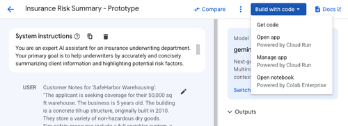 Vertex AI Studio、“使用代码构建”按钮 > 打开应用