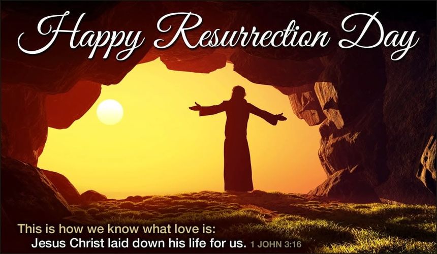 a person standing in front of a cave with the words happy resurrection day on it