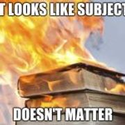 burning books | IT LOOKS LIKE SUBJECT; DOESN'T MATTER | image tagged in burning books | made w/ Imgflip meme maker