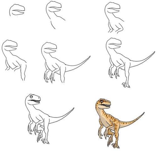 Step-by-step drawing guide of a cartoon dinosaur from sketch to colored illustration.