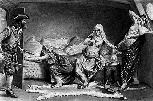 Depiction of Captain Every's encounter with the Mughal Emperor's granddaughter after his September 1695 capture of the Mughal trader Ganj-i-Sawai