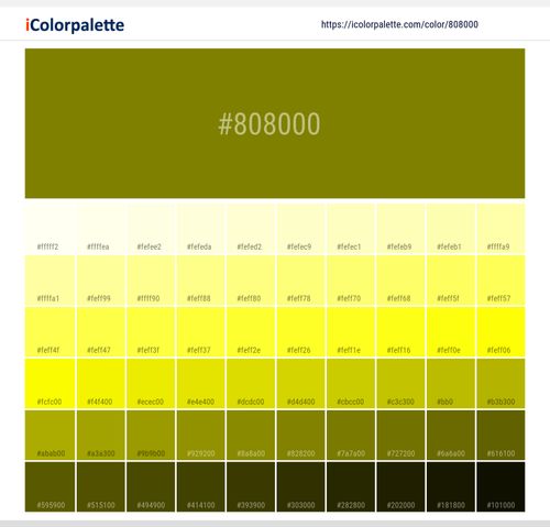 Explore a full range of light and dark shades for  Olive Color | Hex 808000. Perfect for finding the exact tint or tone for your artwork or UI design. #colorshades #colorinspiration #webdesign #808000