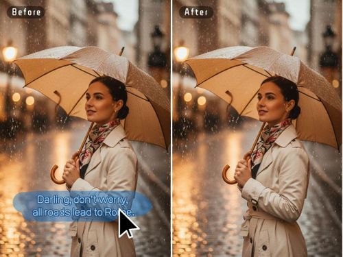 AI-powered Ezremove video watermark remover removes text watermark from video — woman under umbrella in city rain.