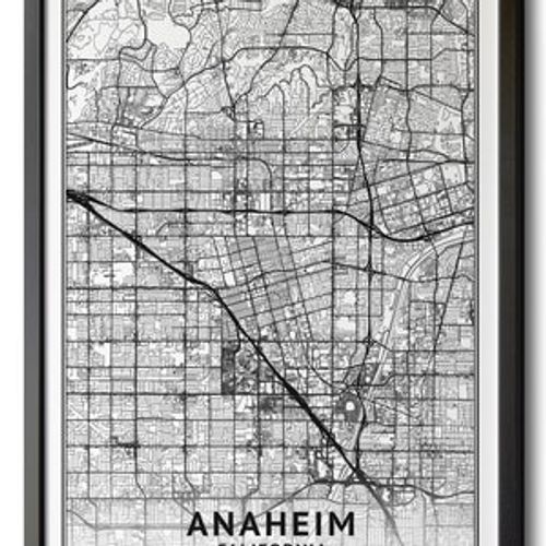 May include: A black and white map of Anaheim, California. The map shows the city's streets, parks, and other landmarks. The text 'ANAHEIM CALIFORNIA 33.8366° N 117.9143° W' is at the bottom of the map.