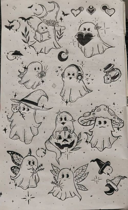 #halloween #cute #doodles #ghost Ghost Drawings Cute, Spooky Sketch Ideas, Cute Horror Doodles, Easy Spooky Doodles, Cool Ghost Drawing, Cute Small Drawings Halloween, Cute Halloween Doodles To Draw, Ghosts Drawing Cute, Cute Halloween Designs Drawings