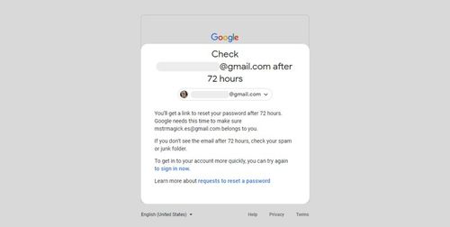 Google provides a Gmail password reset option for 72 hours