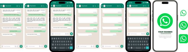 WhatsApp messaging app interface set in clear mode, professional mobile chat screen design with contact details and keyboard, vector smartphone mockup collection
