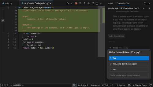 VS Code 显示 Claude 建议更改的差异，带有权限提示，询问是否进行编辑