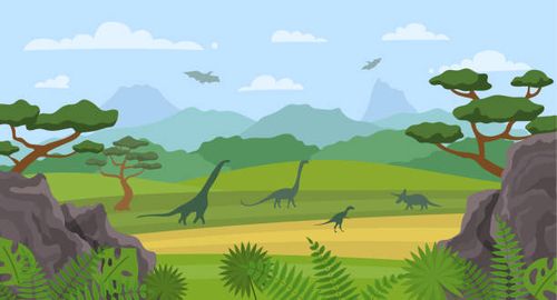 Cartoon Color Dinosaurs and Landscape Scene Concept. Vector Cartoon Color Dinosaurs and Landscape Scene Concept Flat Design Style. Vector illustration of Prehistoric Nature Background dinosaur cartoon stock illustrations
