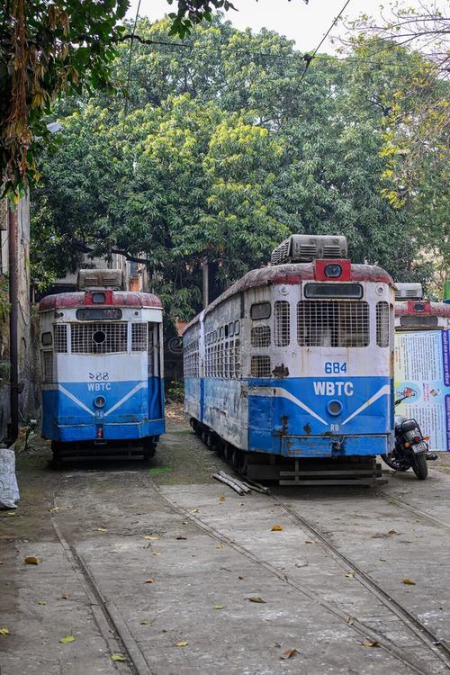 Old trams parked at a tram depot in Kolkata, West Bengal, India on February 18, 2025. Kolkata tram stock images, royalty-free photos and pictures
