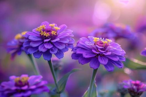 Purple flowers with yellow centers in a field background photo