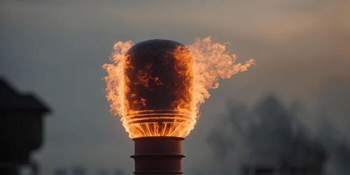 A flare stack burning off excess natural gas creating a bright flame and loud roaring noise. photo