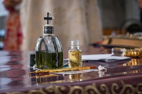 Closeup Shot Holy Water Oil Bible — Stock Photo, Image