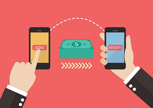 Transfer money by smart phone Transfer money by smart phone. vector illustration send money stock illustrations