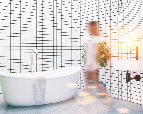 bathroom small white tiles black grout