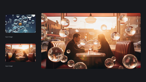 AI-generated image of: a side-by-side comparison showing image merging. On the left are two separate input images: one of floating glass-like bubbles and the other of a couple sitting in a retro diner booth at sunset. On the right, the generated output merges the scenes, showing the couple in the diner surrounded by numerous large, reflective bubbles floating around them.
