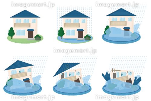 水害を受ける住宅のベクターイラストセット ゲリラ豪雨,住宅ローン,ダメージのイラスト素材