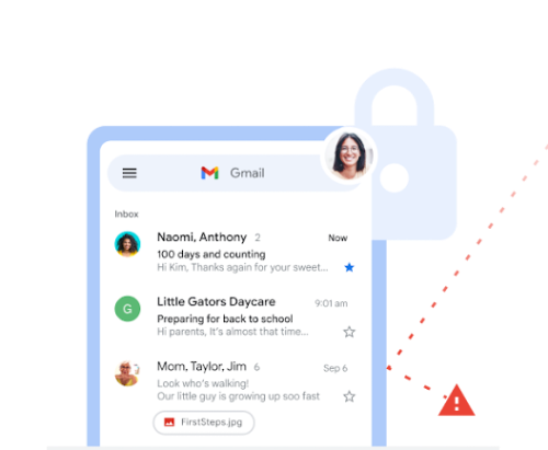 Gmail 主收件箱，其中包含指向网站的单独警告图标