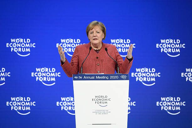 Germany's Chancellor Angela Merkel gestures as she delivers a speech at the World Economic Forum annual meeting in Davos, on January 23, 2020.