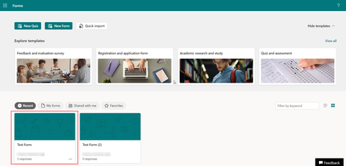 Screenshot of MS Forms Homepage