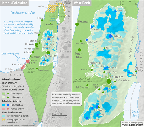 Map of who controlled Palestine and Israel's claimed territories on October 6, 2023, just before Hamas's invasion and the start of the current war. Shows both Israeli and Palestinian Authority administration (Fatah and Hamas factions indicated separately). Includes bigger West Bank map (Area A, Area B, and Area C). Map also includes Gaza Strip, Golan Heights, major cities and Israeli settlements, UN peacekeeper deployments (UNIFIL in Lebanon and UNDOF in Syria), no man's land, Golan Heights buff