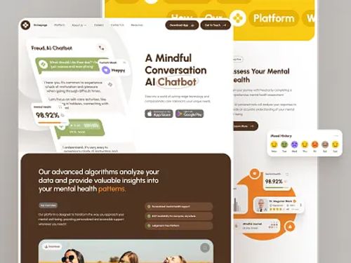 Freud Web UI: AI Mental Health Website | AI Therapy Companion ai chatbot app ai therapy brown chat ui flat green health healthcare landing page meditation app mental health mental health web design mental health website mindfulness mood app responsive therapy ui ui kit web design