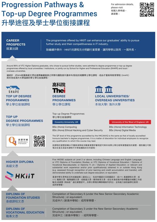 After completion of Secondary 6 (or equivalent), students who are interested in studying IT-related programmes can start their studies by the Diploma of Foundation Studies. For HKDSE students with 5 subjects at Level 2 or above, including Chinese Language and English Language; or VTC Diploma of Foundation Studies; or VTC Diploma of Vocational Education / Diploma of Vocational Baccalaureate; or Diploma Yi Jin / Diploma of Applied Education; or relevant and substantial work experience and/or prior