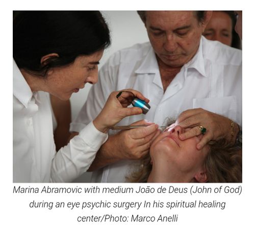 r/conspiracy_commons - Here is Jacob Rothschild's friend Marina Abramovic, a satanic witch, with John of God. The Rothschilds ran the Epstein/Maxwell operation with CIA/Mossad