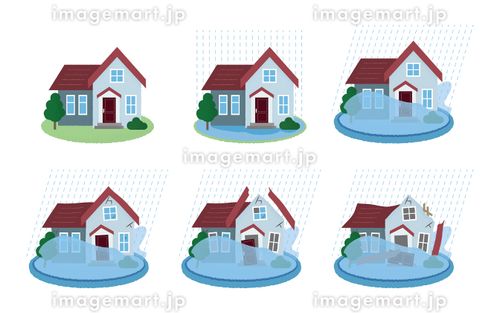 水害に遭う住宅のベクターイラストセット ゲリラ豪雨,住宅ローン,ダメージのイラスト素材