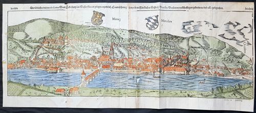 1574 Sebastian Munster Large Antique Birds Eye City View of Heidelberg, Germany