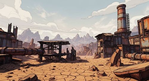 An evocative illustration of a post-apocalyptic industrial wasteland. The scene depicts a desolate landscape with cracked earth, dilapidated structures, rusted pipes, and a towering smokestack. The art style evokes a comic book or graphic novel aesthetic, with bold outlines and a muted color palette. The background features distant mountains under a cloudy sky, adding depth and scale to the scene. This image is ideal for use in projects related to dystopia, environmental themes, survival, or sci