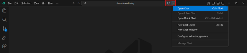 Screenshot of the Copilot Chat menu in the VS Code Command Center