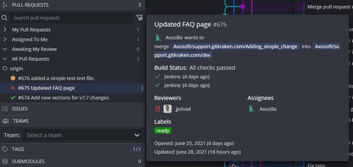GitHub tooltip in GitKraken Desktop showing pull request details including title, branches, build status, reviewers, assignees, labels, and timestamps