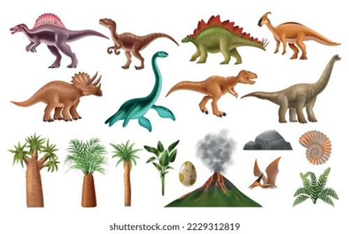 Dinosaurs species and jurassic period landscape elements realistic set isolated vector illustration Stock Vector