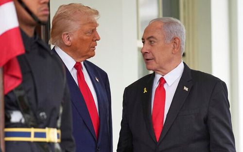US President Donald Trump, left, greets Prime Minister Benjamin Netanyahu at the White House, April 7, 2025, in Washington. (AP/Evan Vucci)