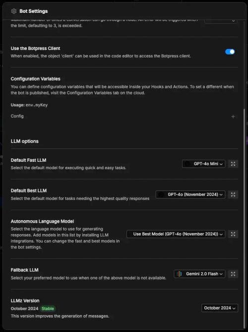 在 Studio 的 Bot 设置中更换首选 LLM