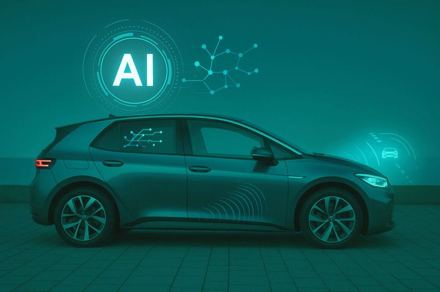 Side view of a modern VW electric car with digital AI graphics in the background.