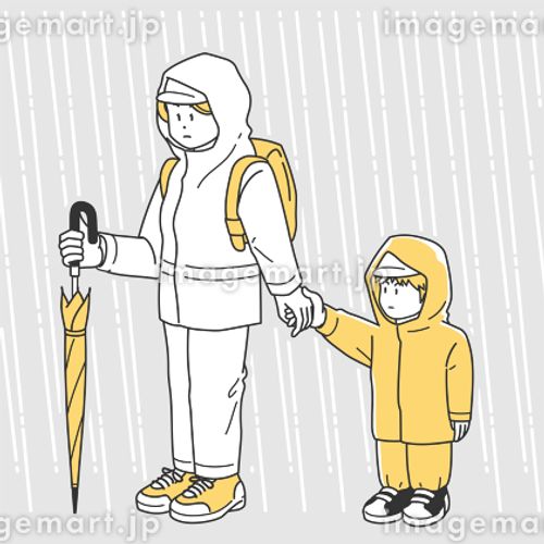水害時に子供の手を引いて避難する女性のイラスト リュックサック,レインコート,スニーカーのイラスト素材