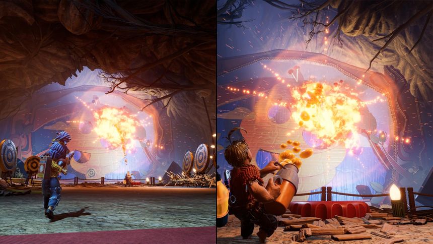 Cody and May on split screen fighting an enemy. Large explosion is in front of them.