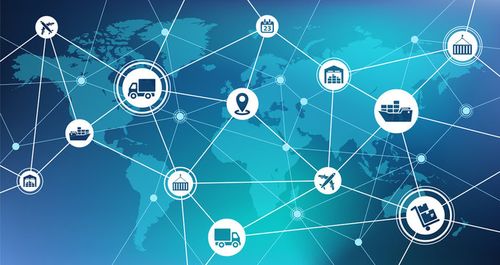 Global shipping and supply chain vector illustration. Abstract concept with world map background and connected icons related to international import / export, distribution and transportation.
