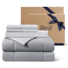 Rest® Evercool®+ Cooling Comforter Set, King Size Light Gray, 4pcs with Cooling Blanket, Wrinkle-Free Deep Pocket Fitted Sheet, 2 Silver-Infused Pillowcases for Skin and Hair Bed Set for Ultra Comfort