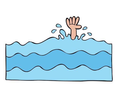 Ilustração vetorial de desenho animado do homem e sua mão se afogando no mar