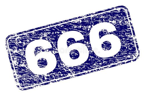 666 stamp seal print with distress style. Seal shape is a rounded rectangle with frame. Blue vector rubber print of 666 title with dirty style. 666 vectors