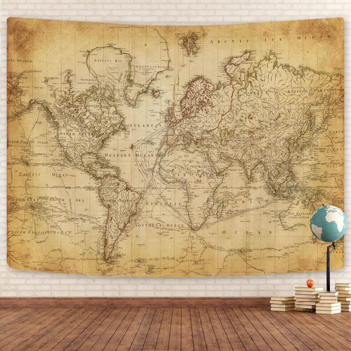 Old World Map Tapestry, Vintage Geographical Distribution Wall Hanging, Brown Historical Atlas Educational Poster for Wall...