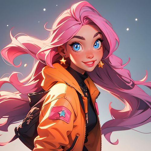 一个长粉色卷发的女孩，卡通风格