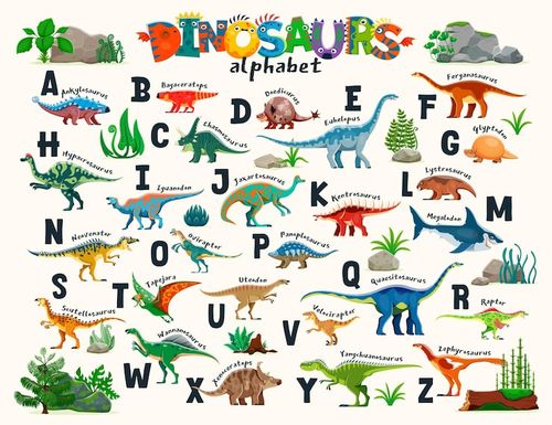 Vector kids dinosaurs alphabet prehistoric animal plant