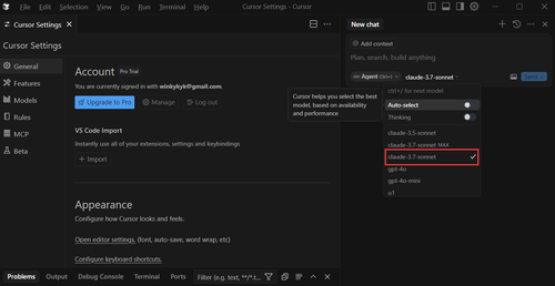 AIモデルとしてClaude 3.7 Sonnetを選択