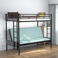Merax Twin Over Full Metal Bunk Bed with Convertible Futon Multi-Function Bunk Bed with Couch for Space-Saving Rooms Heavy-Duty Steel Frame with 2 Ladder & Guardrails, Black